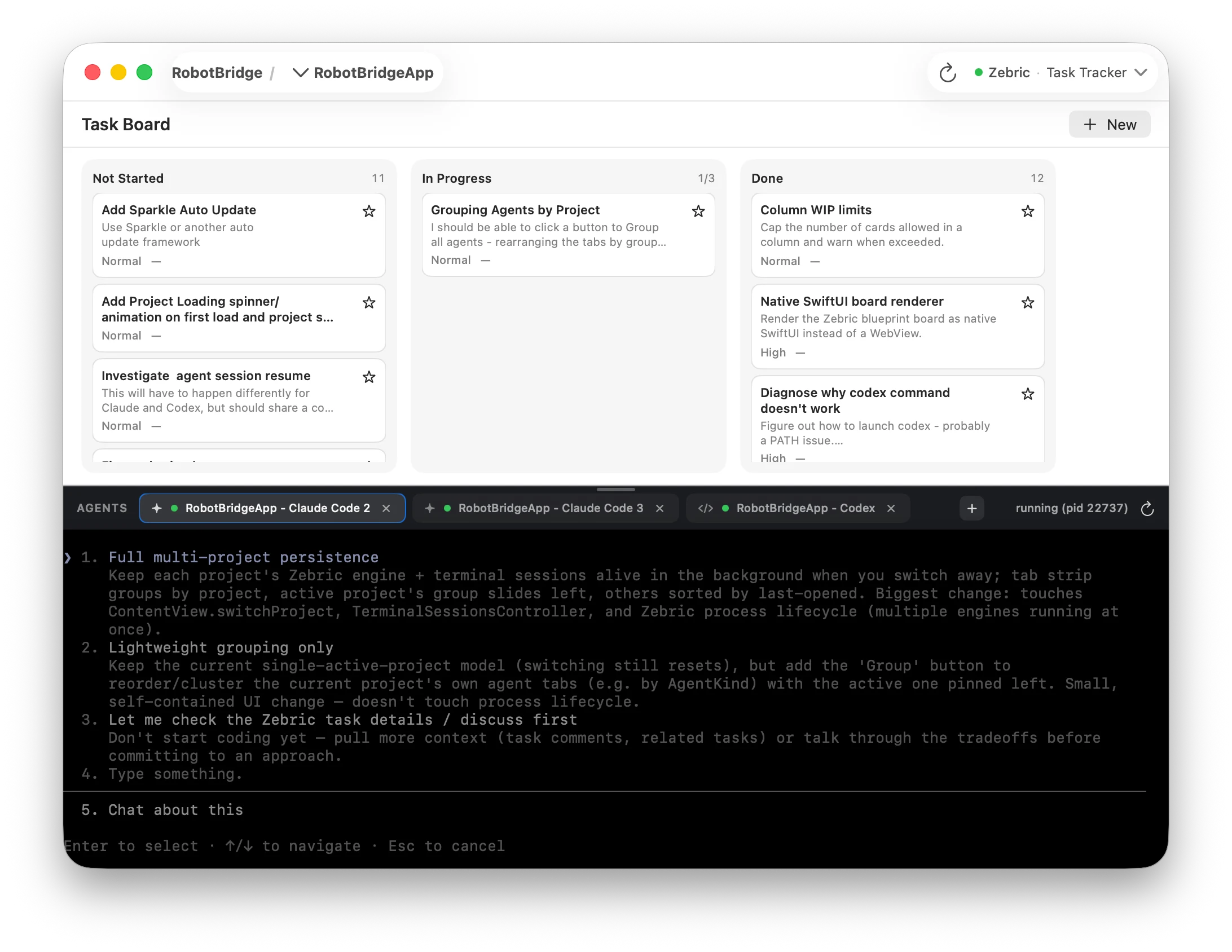 RobotBridge showing a project task board above Claude Code and Codex terminal sessions